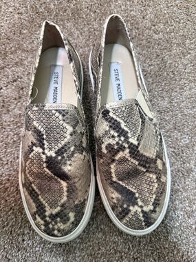 Steve Madden Snake-Print Slip-On Sneakers — Beige/Brown/Black